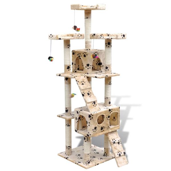 Arbre à chat 170 cm en beige avec motif d'empreinte de patte2 niches