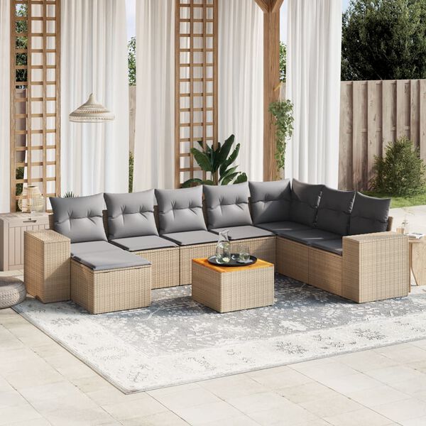 vidaXL Salon de jardin avec coussins 9 pcs beige r&eacute;sine tress&eacute;e