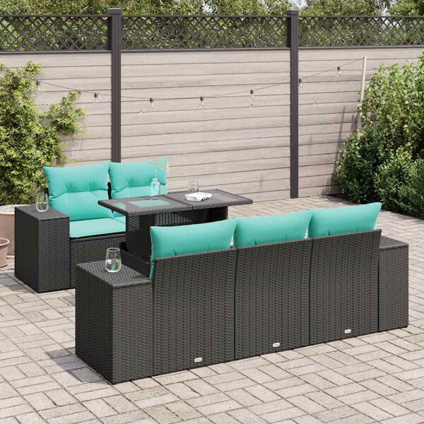 vidaXL Salon de jardin 6 pcs avec coussins noir r&eacute;sine tress&eacute;e acacia