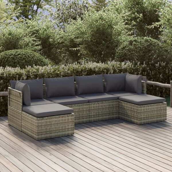 vidaXL Salon de jardin 6 pcs avec coussins Gris R&eacute;sine tress&eacute;e