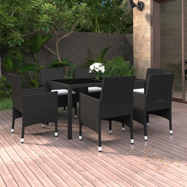 vidaXL Ensemble &agrave; Manger jardin 7 pcs R&eacute;sine tress&eacute;e verre tremp&eacute; Noir