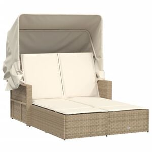vidaXL Chaise longue double avec auvent et coussins beige poly rotin
