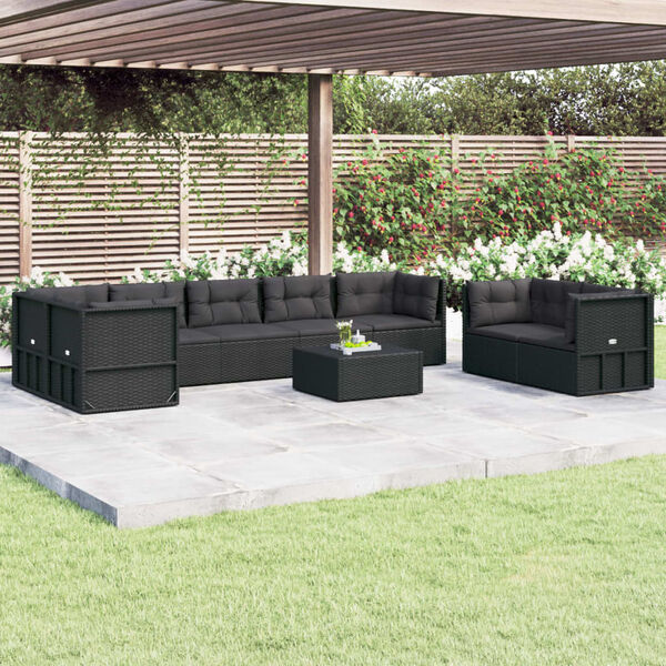 vidaXL Salon de jardin 8 pcs avec coussins noir r&eacute;sine tress&eacute;e