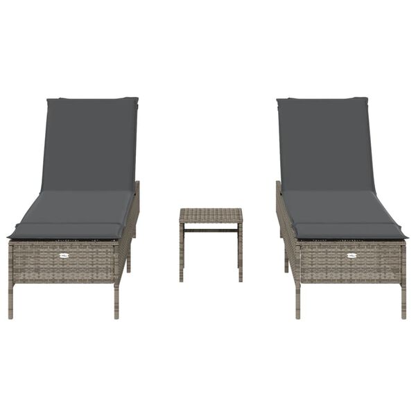 vidaXL Ensemble de chaises longues avec coussins 3 pcs gris poly rotin