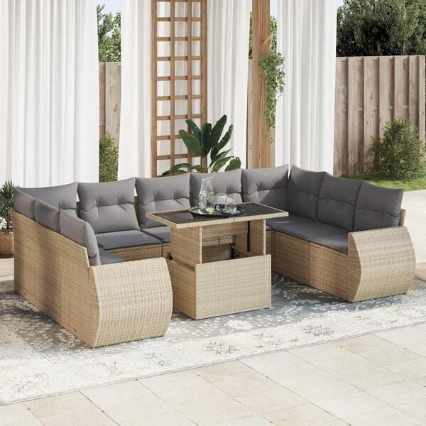 vidaXL Salon de jardin avec coussins 10 pcs beige r&eacute;sine tress&eacute;e