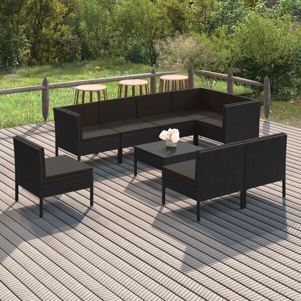 vidaXL Salon de jardin 9 pcs avec coussins R&eacute;sine tress&eacute;e Noir