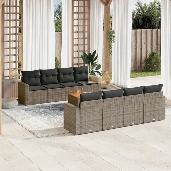 vidaXL Salon de jardin 9 pcs avec coussins gris r&eacute;sine tress&eacute;e