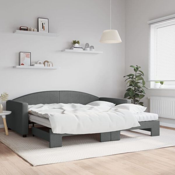 vidaXL Lit de jour avec gigogne et matelas gris fonc&eacute; 100x200 cm tissu