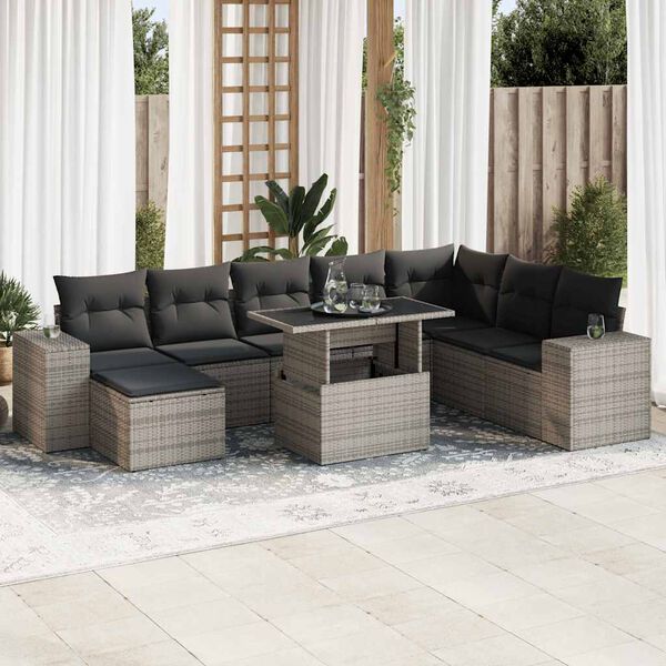 vidaXL Salon de jardin 9 pcs avec coussins gris r&eacute;sine tress&eacute;e