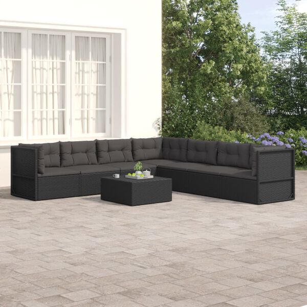 vidaXL Salon de jardin 7 pcs avec coussins Noir R&eacute;sine tress&eacute;e