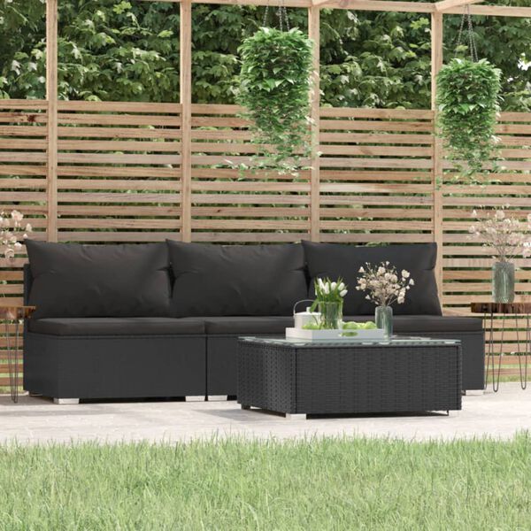 vidaXL Salon de jardin 4 pcs avec coussins Noir Résine tressée