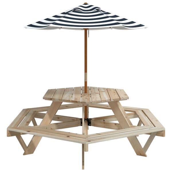 vidaXL Table de pique-nique pour 6 enfants avec parasol hexagone sapin