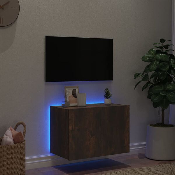 vidaXL Meuble TV mural avec lumières LED chêne fumé 60x35x41 cm