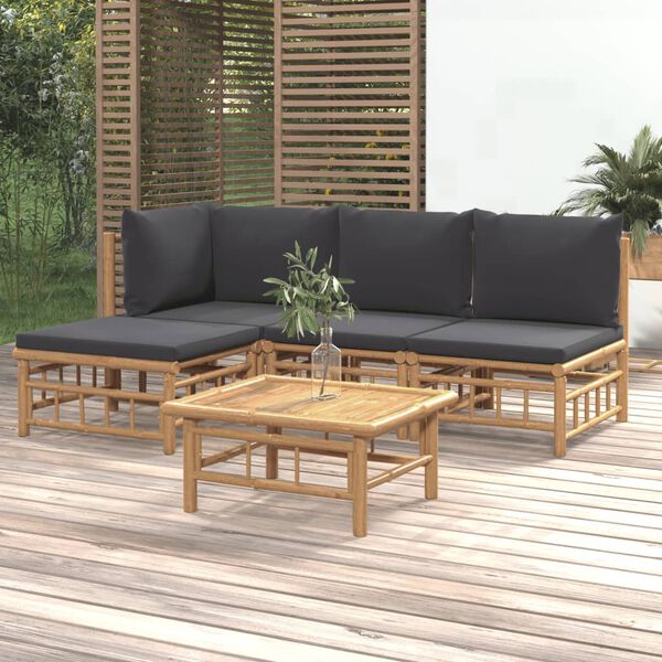 vidaXL Salon de jardin 5 pcs avec coussins gris fonc&eacute; bambou