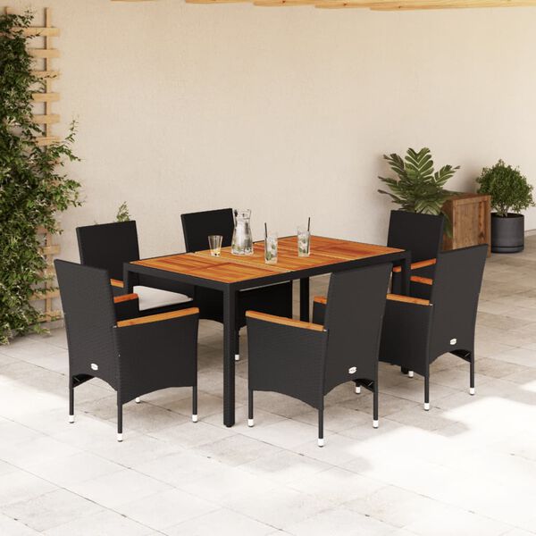 vidaXL Ensemble &agrave; manger de jardin et coussins 7pcs noir rotin acacia