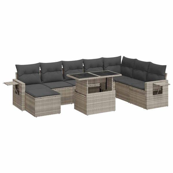 vidaXL Salon de jardin 9 pcs avec coussins gris clair r&eacute;sine tress&eacute;e