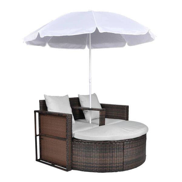 vidaXL Lit de jardin avec parasol Marron R&eacute;sine tress&eacute;e