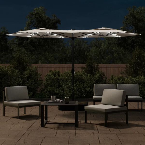 vidaXL Parasol de jardin &agrave; double t&ecirc;te avec LED blanc sable 316x145 cm