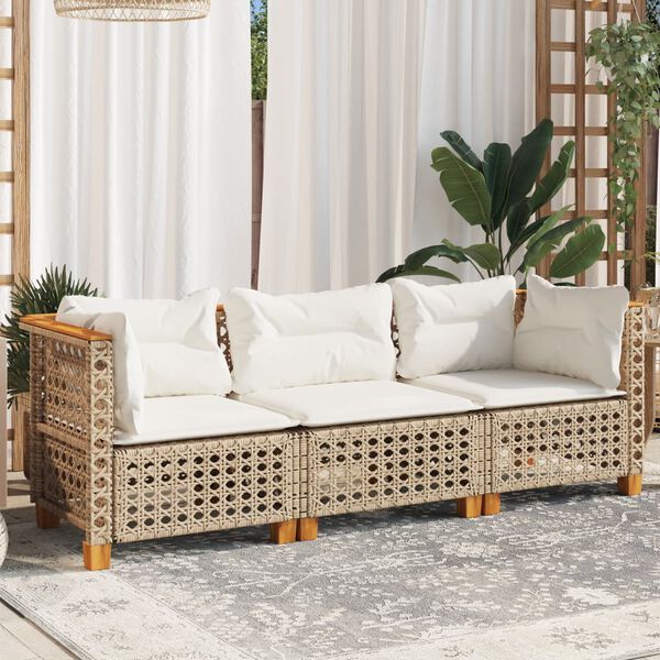 vidaXL Canapé de jardin avec coussins 3 places beige résine tressée