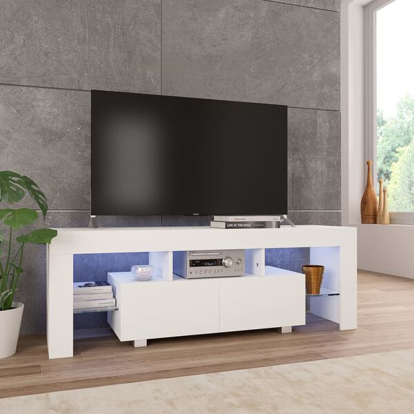 vidaXL Meuble TV avec lumi&egrave;re LED Blanc brillant 130x35x45 cm