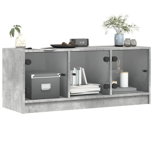 vidaXL Meuble TV avec portes en verre gris béton 102x37x42 cm