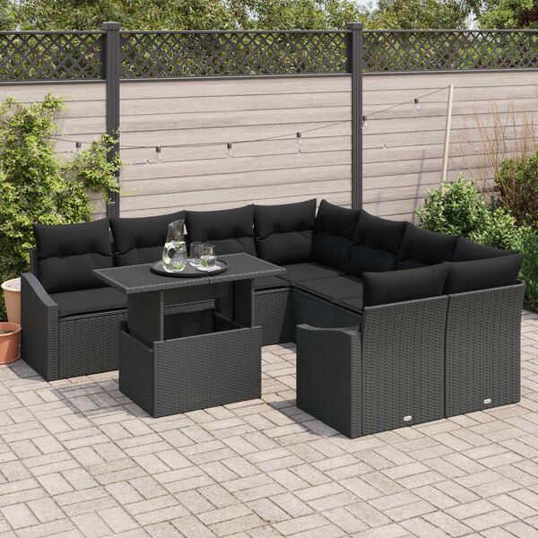 vidaXL Ensemble de canap&eacute; de jardin 9 pcs Noir Poly rotin