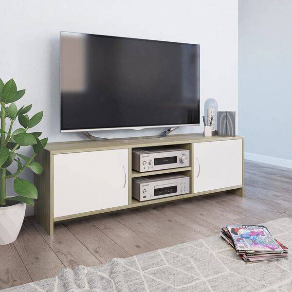 vidaXL Meuble TV Blanc et ch&ecirc;ne sonoma 120x30x37,5cm Bois d&rsquo;ing&eacute;nierie