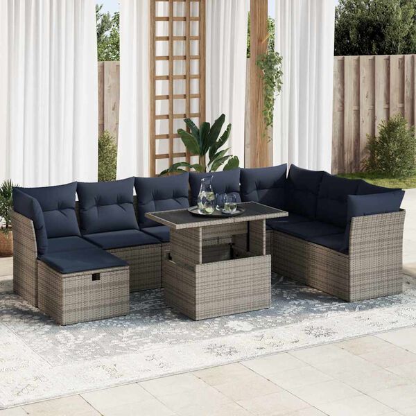 vidaXL Salon de jardin avec coussins 9 pcs gris r&eacute;sine tress&eacute;e acacia
