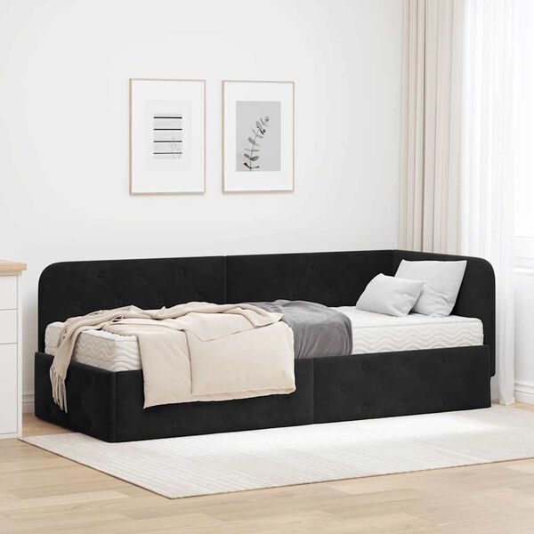 vidaXL Cadre de lit d'angle avec matelas Noir 80 x 200 cm Velours