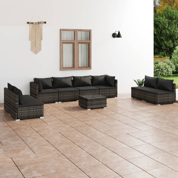 vidaXL Salon de jardin 9 pcs avec coussins R&eacute;sine tress&eacute;e Gris