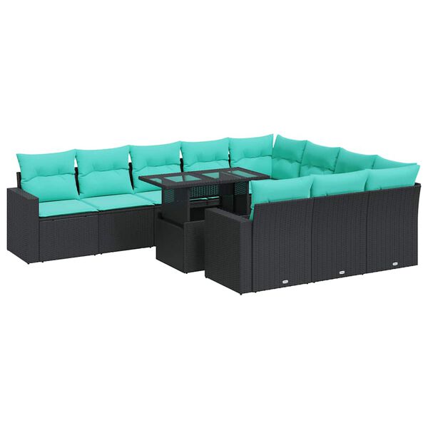 vidaXL Salon de jardin et coussins 11 pcs noir r&eacute;sine tress&eacute;e acacia