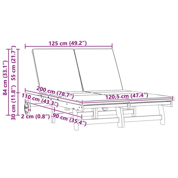 vidaXL Transat 2-personne Marron 125 x 200 x 84cm Bois d'acacia massif