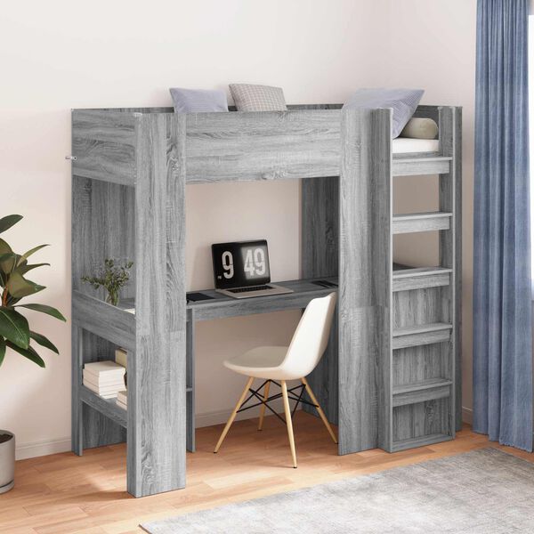 vidaXL Cadre de lit superpos&eacute; avec bureau Gris Sonoma 75 x 190 cm