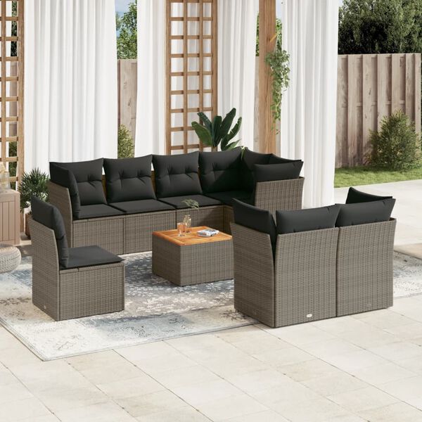 vidaXL Salon de jardin 9 pcs avec coussins gris r&eacute;sine tress&eacute;e