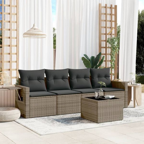 vidaXL Salon de jardin 5 pcs avec coussins gris r&eacute;sine tress&eacute;e