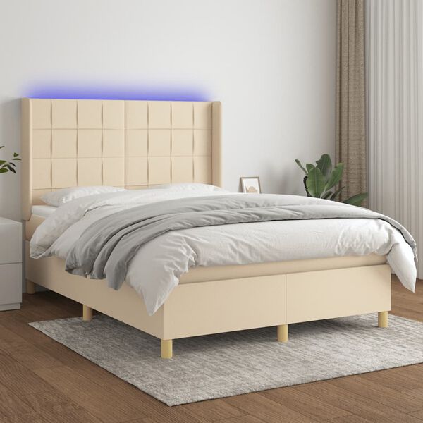 vidaXL Sommier &agrave; lattes de lit matelas et LED Cr&egrave;me 140x190 cm Tissu
