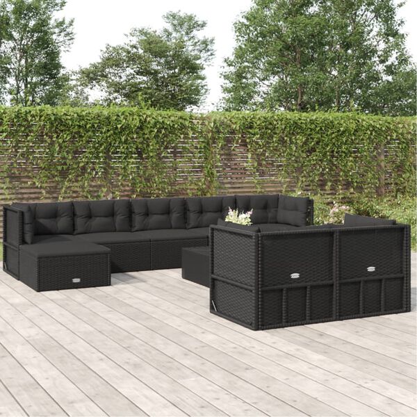 vidaXL Salon de jardin 9 pcs avec coussins Noir R&eacute;sine tress&eacute;e