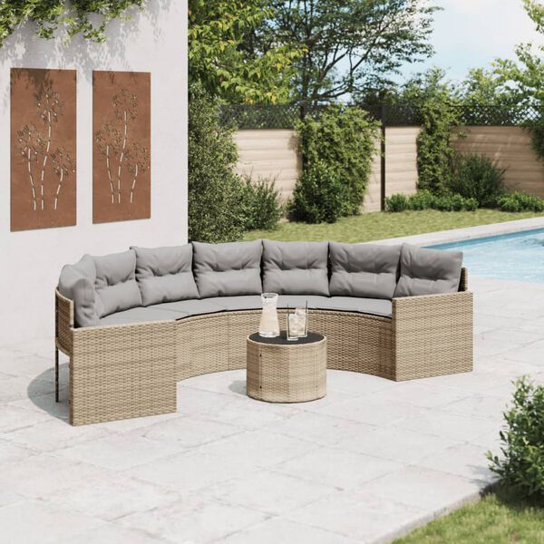 vidaXL Canap&eacute; de jardin table coussins demi-rond beige r&eacute;sine tress&eacute;e
