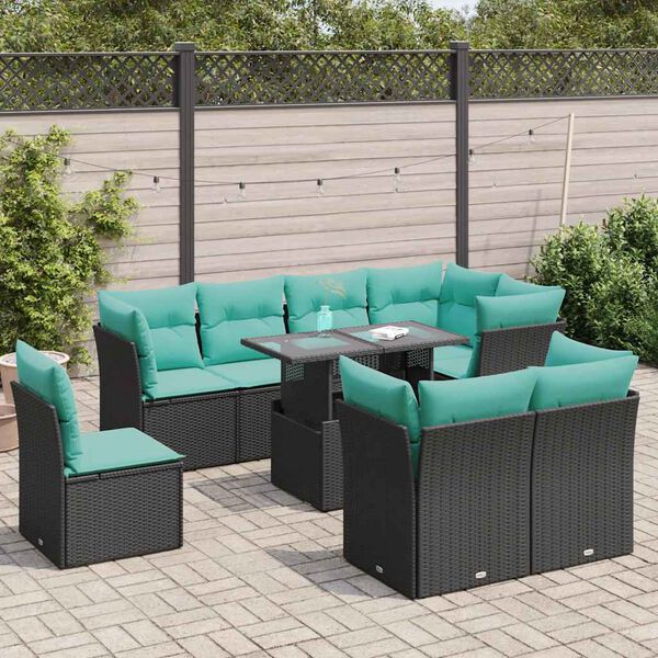 vidaXL Salon de jardin avec coussins 9 pcs noir r&eacute;sine tress&eacute;e acacia