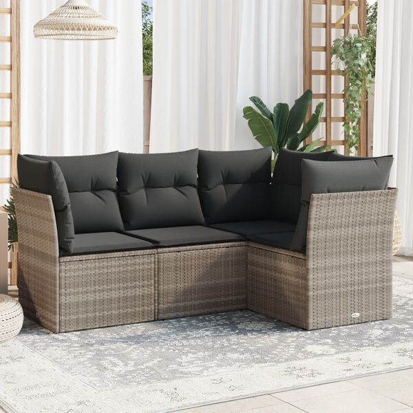 vidaXL Salon de jardin 4 pcs avec coussins gris clair r&eacute;sine tress&eacute;e