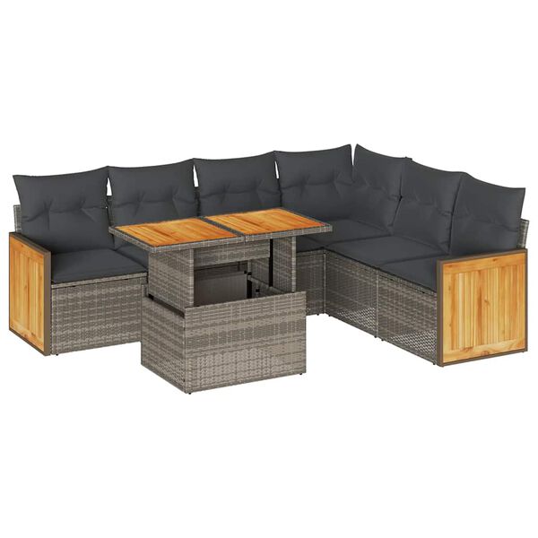 vidaXL Salon de jardin avec coussins 7 pcs gris r&eacute;sine tress&eacute;e acacia
