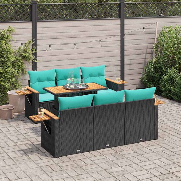 vidaXL Salon de jardin 7 pcs avec coussins noir r&eacute;sine tress&eacute;e