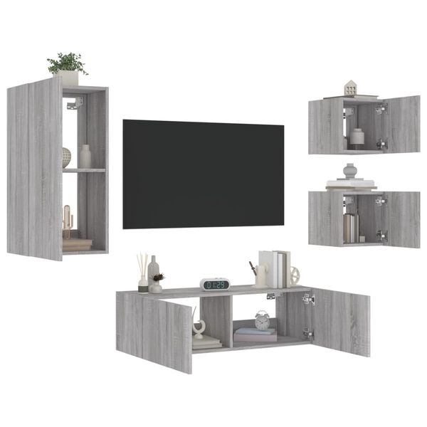vidaXL Meuble TV muraux 4 pcs avec lumi&egrave;res LED sonoma gris