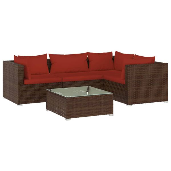 vidaXL Salon de jardin 5 pcs avec coussins r&eacute;sine tress&eacute;e marron