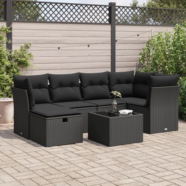 vidaXL Salon de jardin 7 pcs avec coussins noir r&eacute;sine tress&eacute;e
