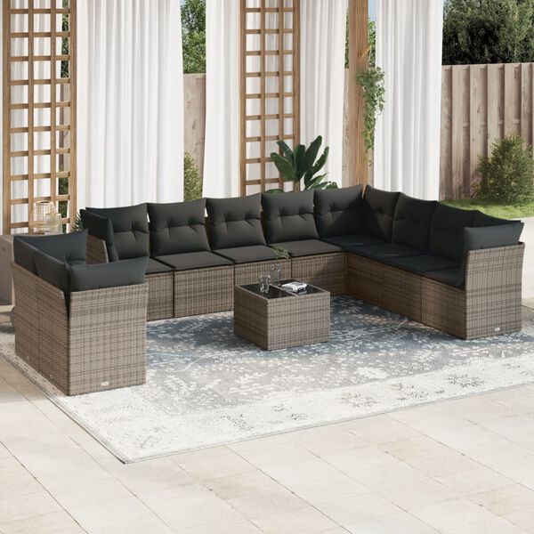 vidaXL Salon de jardin 11 pcs avec coussins gris r&eacute;sine tress&eacute;e