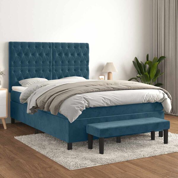 vidaXL Sommier &agrave; lattes de lit et matelas Bleu fonc&eacute; 140x190cm Velours