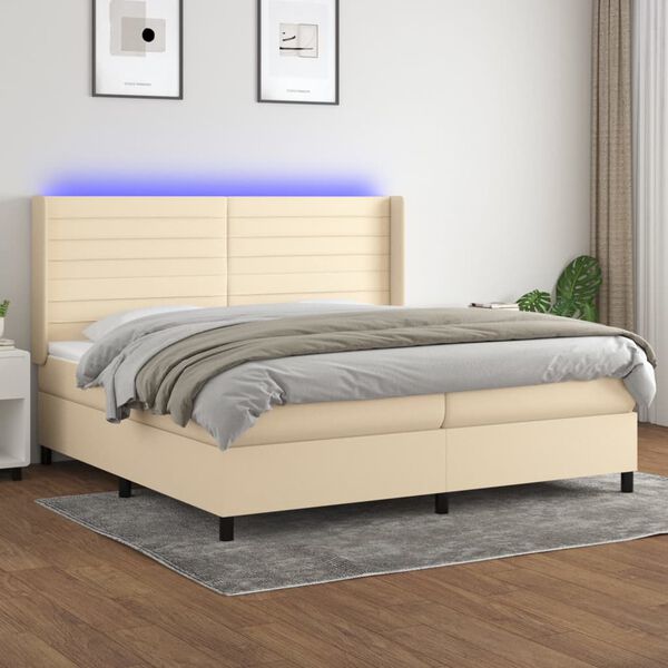 vidaXL Sommier &agrave; lattes de lit matelas et LED Cr&egrave;me 200x200 cm Tissu