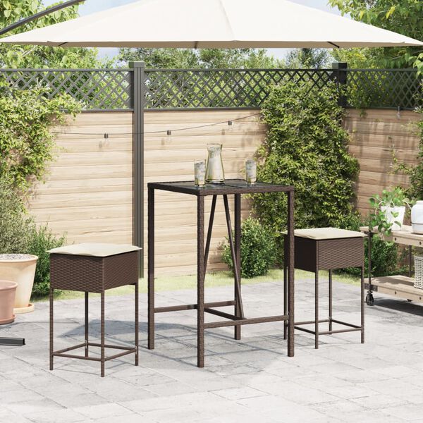 vidaXL Ensemble de bar de jardin 3 pcs et coussins brun r&eacute;sine tress&eacute;e