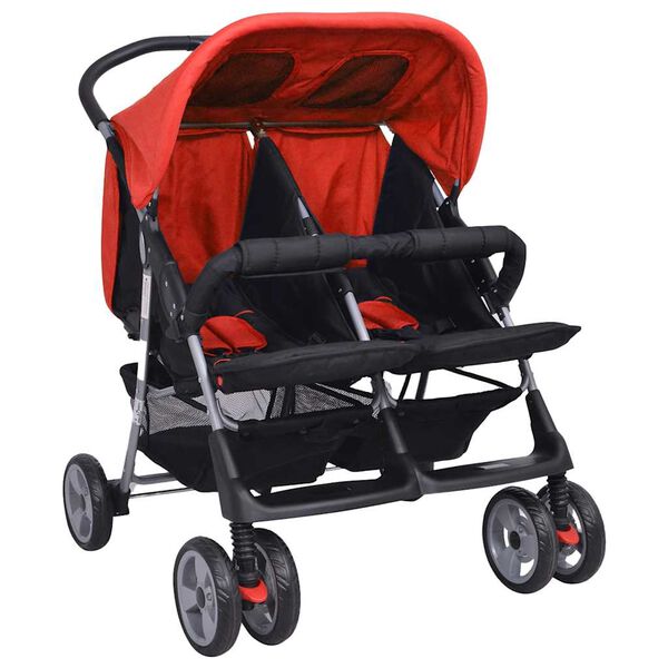 vidaXL Poussette à deux places Acier Rouge et noir